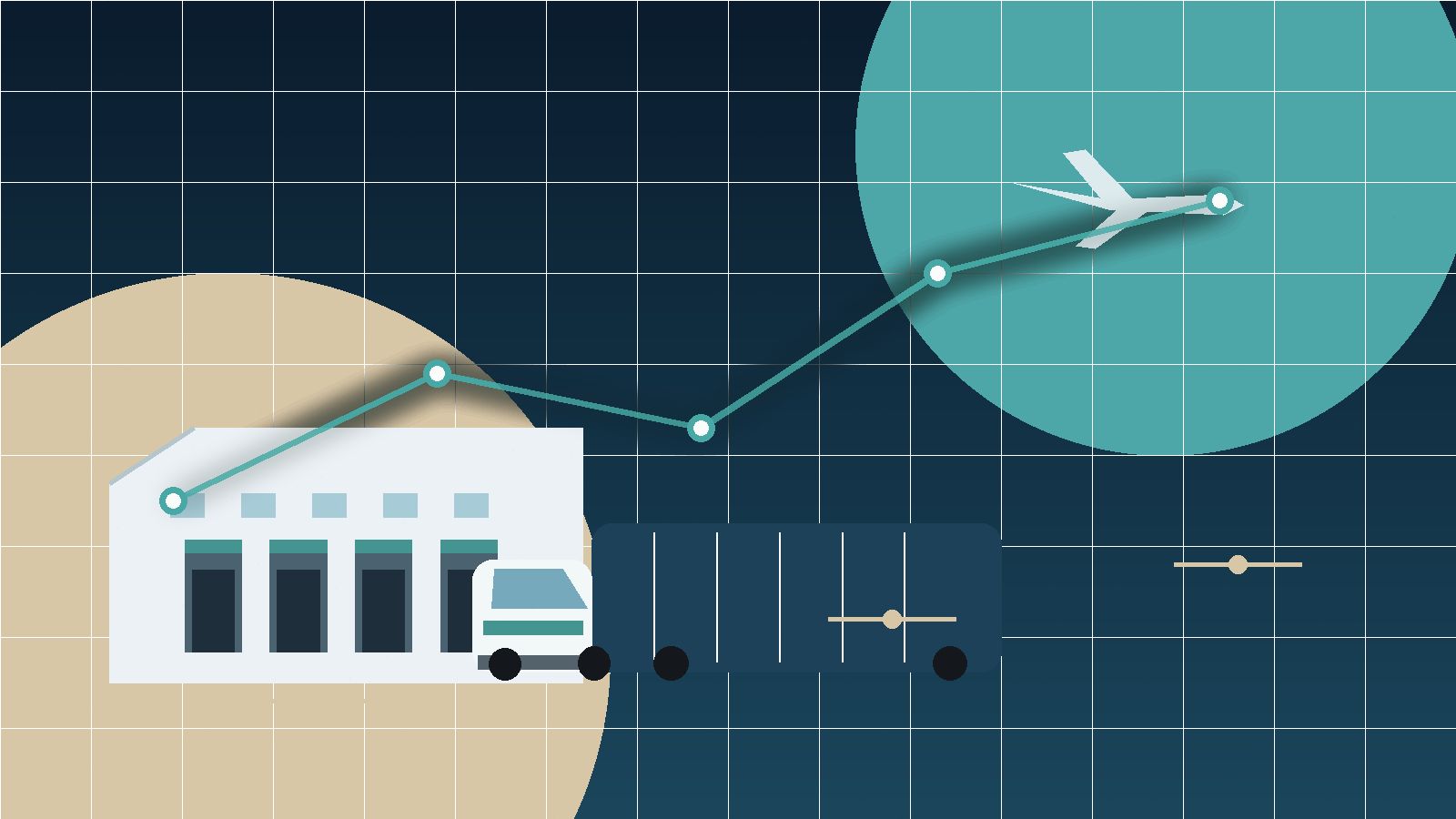Illustrated supply chain network connecting warehouse, transportation and air freight